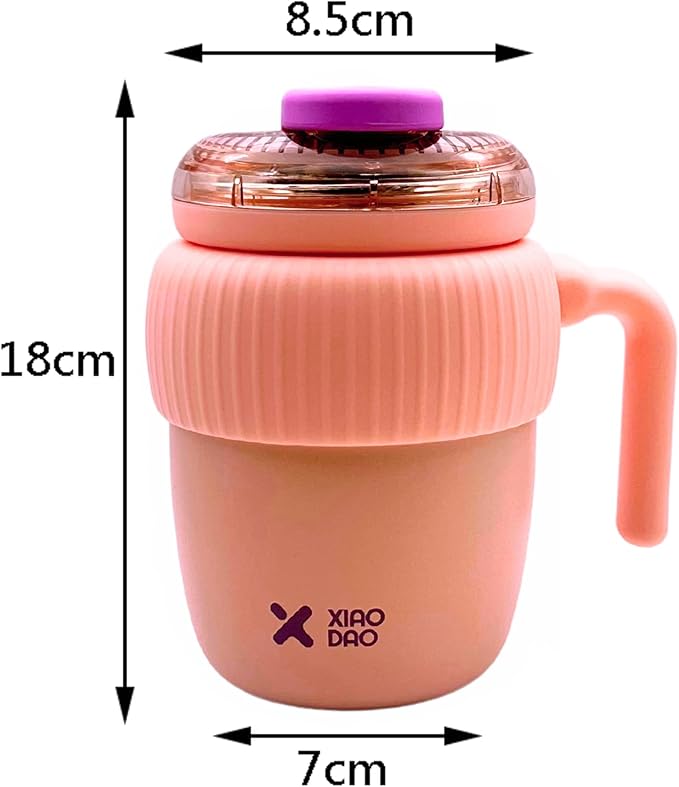 Super Cute Pink Coffee Water Cup for Office or Home Vacuum Insulated Stainless Steel with Handle Leak Proof Hygienic Large Capacity 12 Hours Hot and Cold 420ml (Pink)