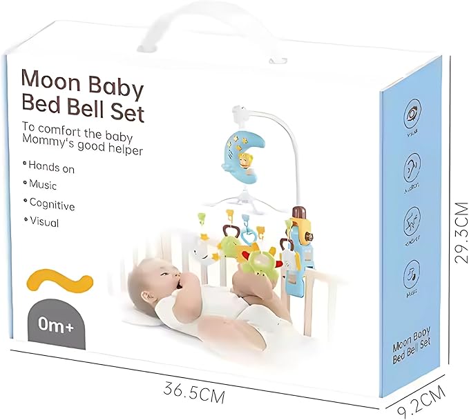 Baby Crib Mobile with Music & Remote – 360° Rotating Hanging Rattle Toy Set for Newborns, Adjustable Stand, Soothing Melodies for 0-12 Months (Blue)