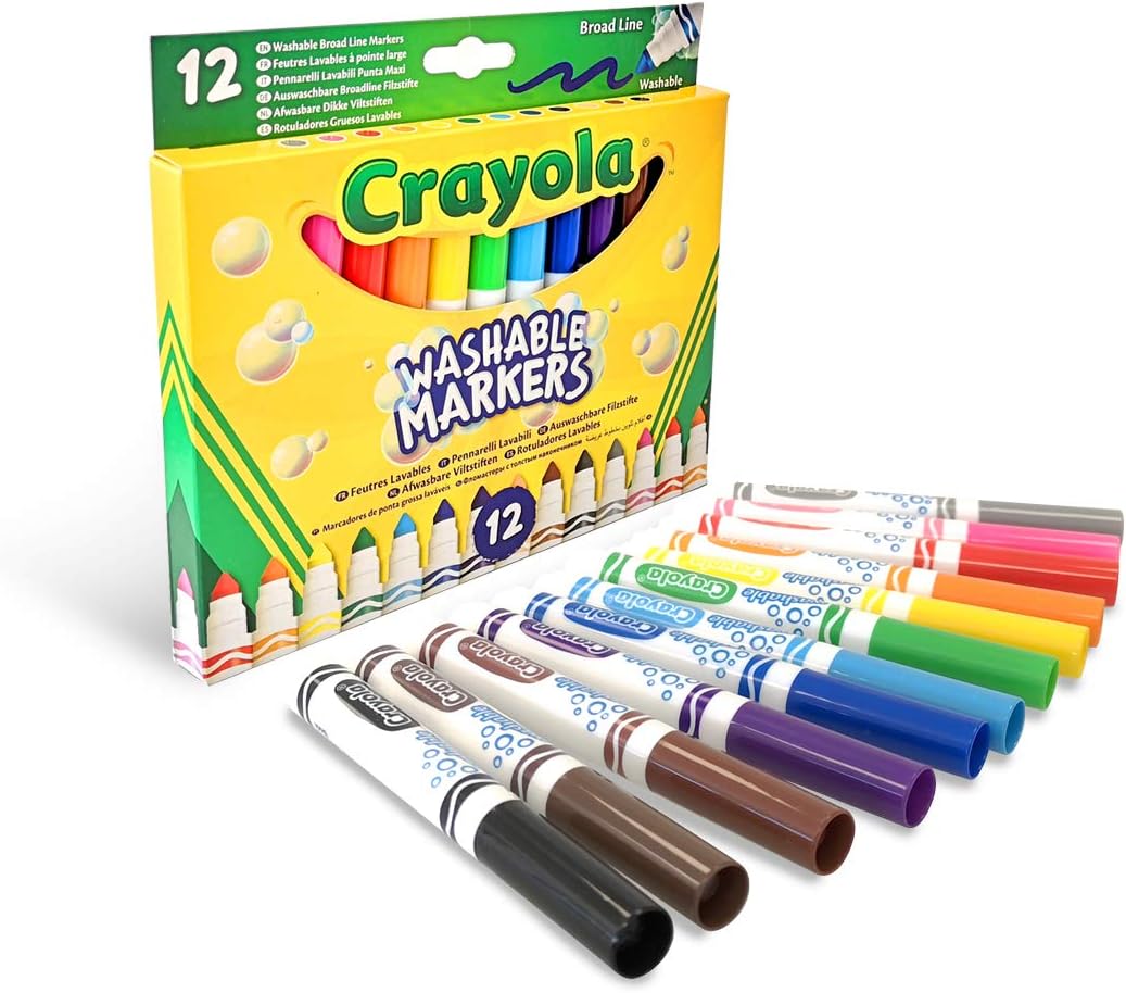 Crayola Washable Broad Line Markers – 12 Vibrant Colours | Durable Fibre-Tip Pens for Kids Drawing, Colouring & School Art Projects | Easy Washable Ink