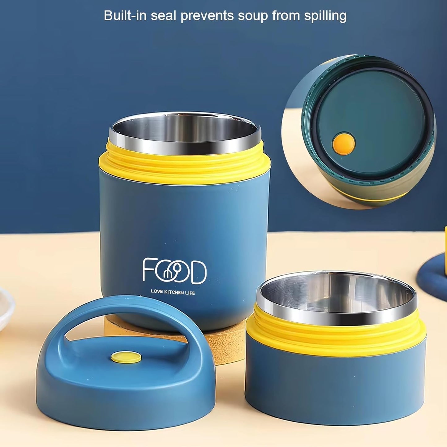 Double Soup Bowl Insulated Lunch Container Thermos Steel Food Jar with Spoon Stainless Steel 2 Compartment Leak Proof Airtight Lunch Container for Hot and Cold Food 710ml (Blue1)