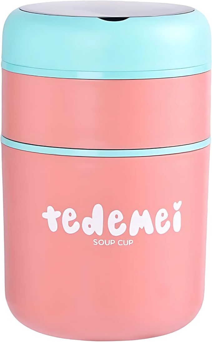 Double Soup Bowl Insulated Lunch Container Thermos Steel Food Jar with Spoon Stainless Steel 2 Compartment Leak Proof Airtight Lunch Container for Hot and Cold Food 710ml (Pink)
