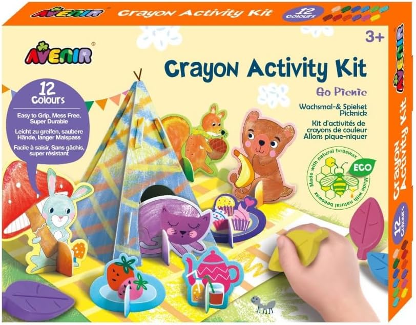 Avenir Crayon Activity Kit - Go Picnic | Thoughtfully Designed Crayons for Little Hands, Mess-Free and Durable | Safe and Eco-Friendly Natural Beeswax Crayons for Kids 3+