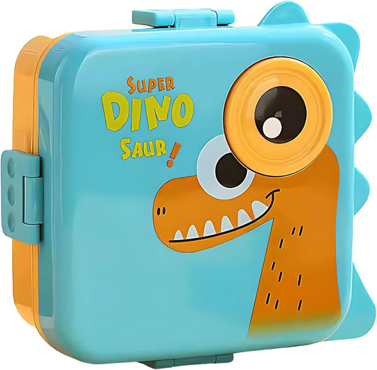 Kids Lunch Box with Spoon – Leakproof Double Decker Bento Box, Durable Plastic, Sealed for Freshness, Sauce Cup Included, Perfect for School & Travel, 1120ml (Dino Blue)