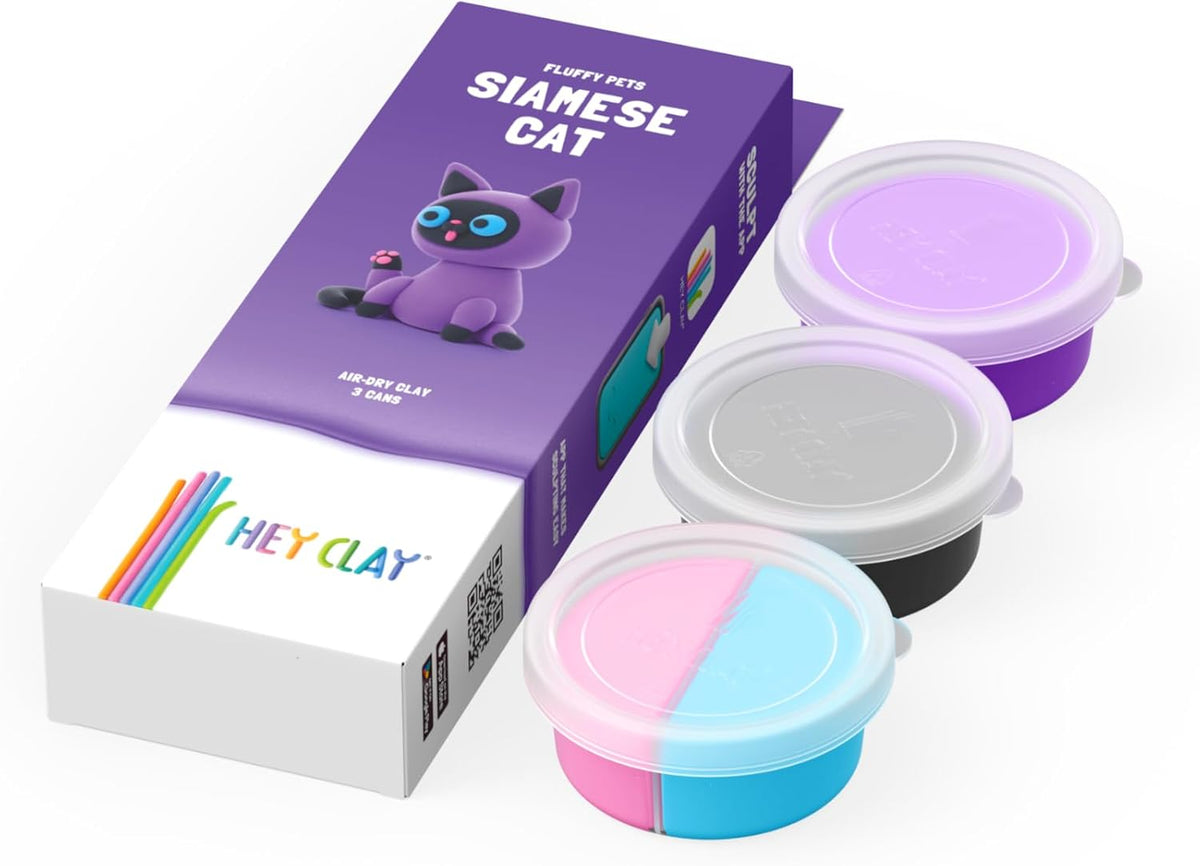 Hey Clay - Fluffy Pets SIAMESE CAT Colourful modelling air-dry clay, 3 cans with fun interactive app for kids 3 years +
