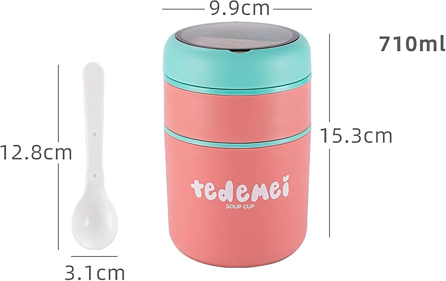Double Soup Bowl Insulated Lunch Container Thermos Steel Food Jar with Spoon Stainless Steel 2 Compartment Leak Proof Airtight Lunch Container for Hot and Cold Food 710ml (Pink)