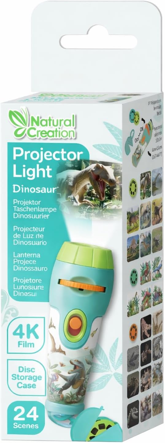 Avenir Natural Creation Dinosaur Projector Light for Kids - 24 Scenes with 4K Film Quality, Adjustable Focus Flashlight Projector, Educational Dino Toy & Bedtime Story Light with Disc Storage Case