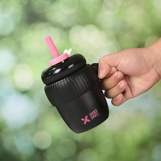 Super Cute Pink Coffee Water Cup for Office or Home Vacuum Insulated Stainless Steel with Handle Leak Proof Hygienic Large Capacity 12 Hours Hot and Cold 420ml (Black)