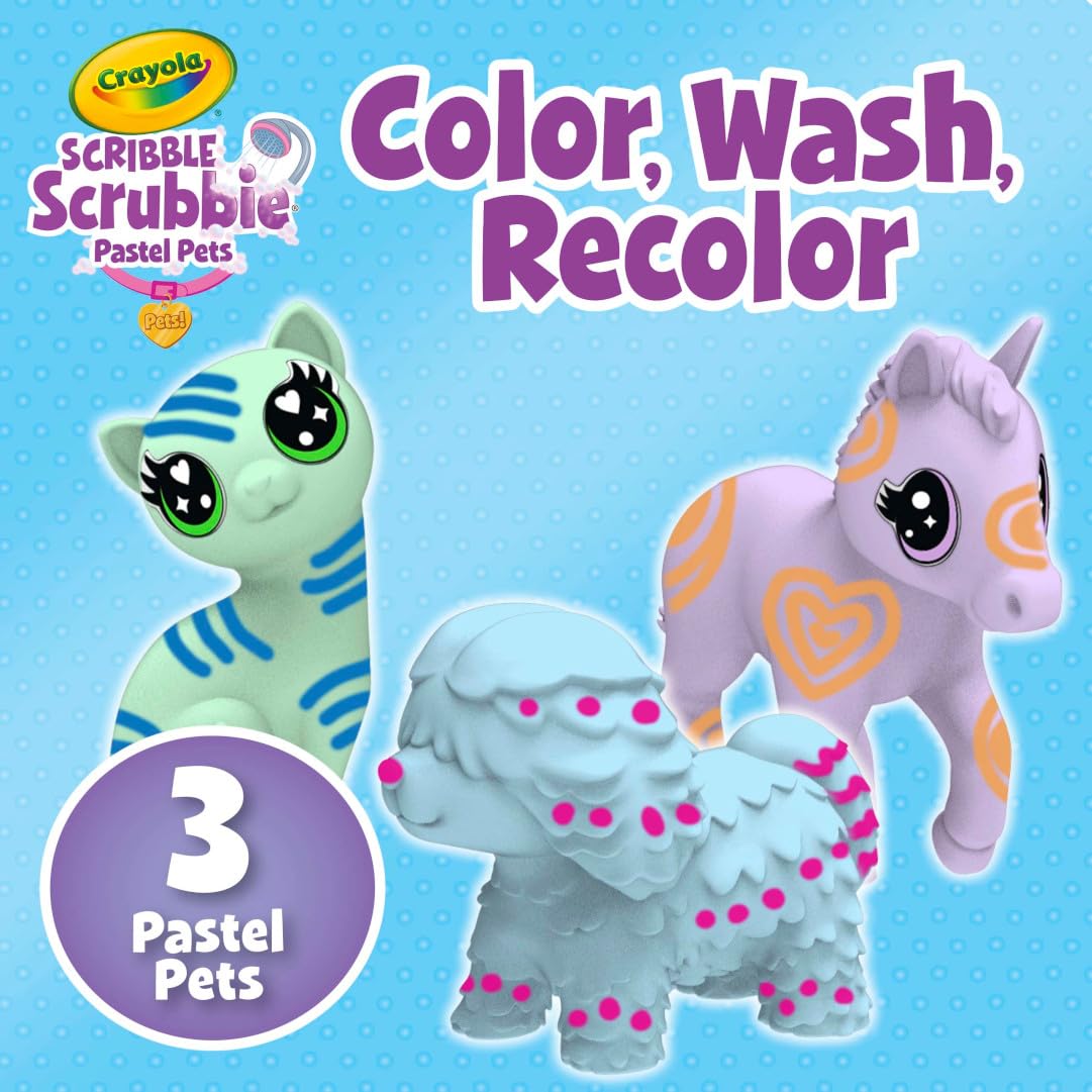 Crayola Scribble Scrubbie Pastel Pets, 3 Count – Washable Pet Toy Set with Markers & Brush, Creative Gift for Kids Ages 3+