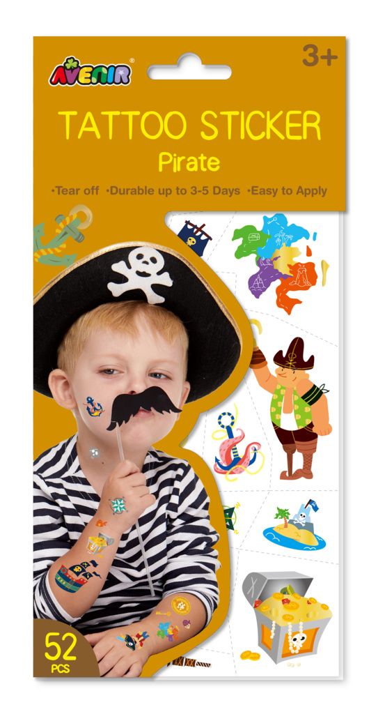 Avenir Tattoo Sticker - Pirate | 52pc Set of Temporary Tattoos - High-Quality Water-Based Ink - Safe and Easy to Apply and Remove - Lasts 3-5 Days for Kids 3+