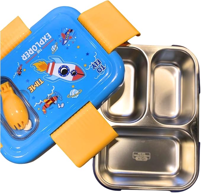 Stainless Steel School Lunch Box for Kids – 3 Compartment, 600ml Bento Tiffin Food Container, Durable & Portable Container for School & Travel (You soon) (Blue)