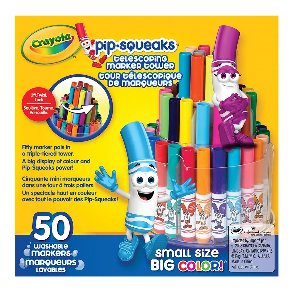 Crayola Pip-Squeaks Telescoping Marker Tower – 50 Washable Mini Markers for Kids | Compact 3-Tier Storage, Easy to Clean, Non-Toxic Art Supplies for Creative Drawing & Coloring
