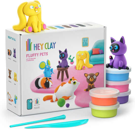 Hey Clay - FLUFFY PETS Colourful modelling air-dry clay, 15 cans with fun interactive app for kids 3 years +