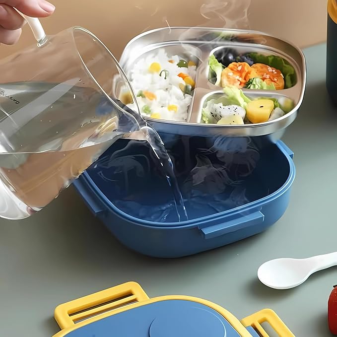 Kids Lunch Box with Stainless Steel Material, 2 Compartment Food Container for Home Outdoor With Spoon, Bento Box Lunch Box Portable Lunch Tray (Blue)