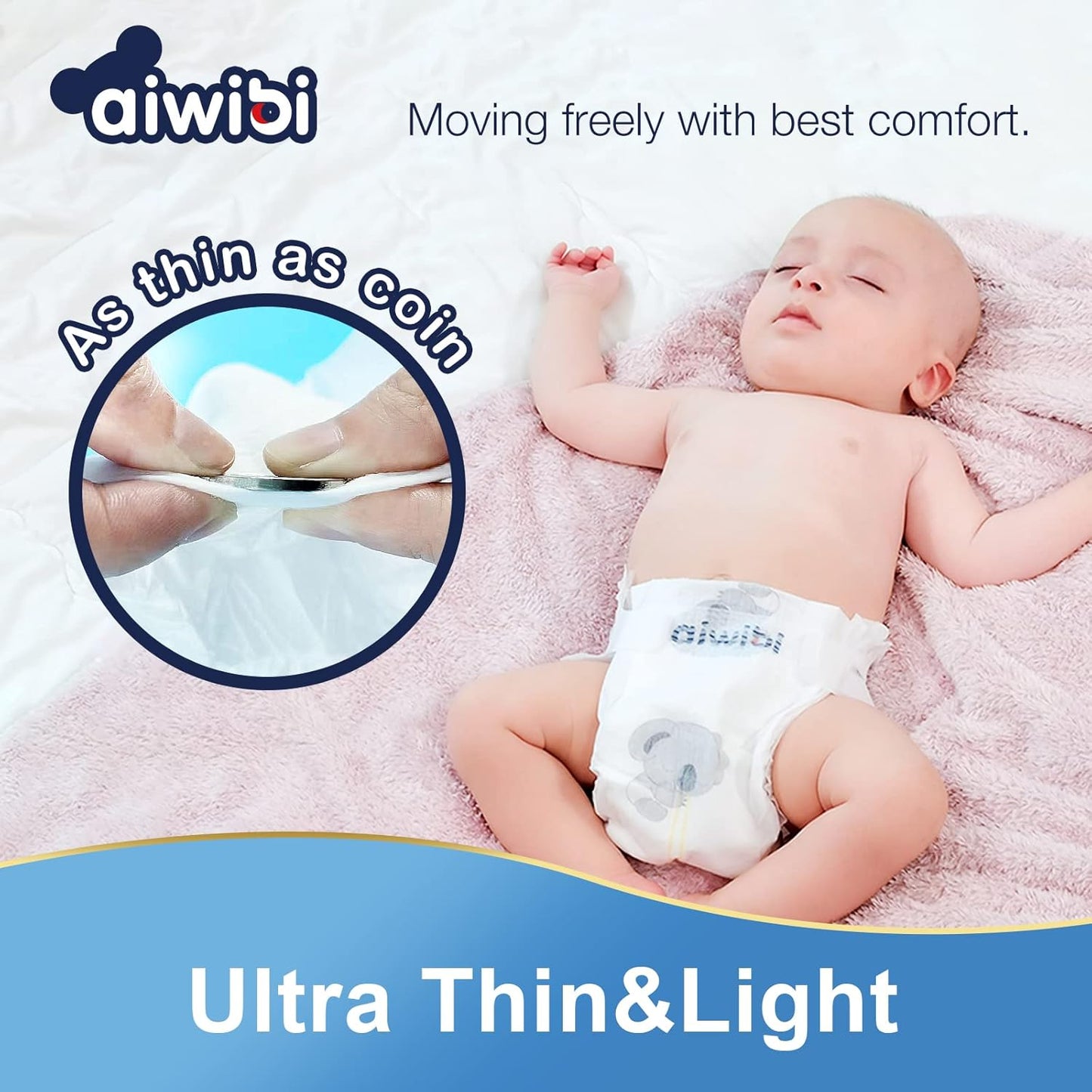 Aiwibi Ultra-thin premium baby Diapers, cotton-like, anti-irritation, Size M (5-9kg) 62 counts.