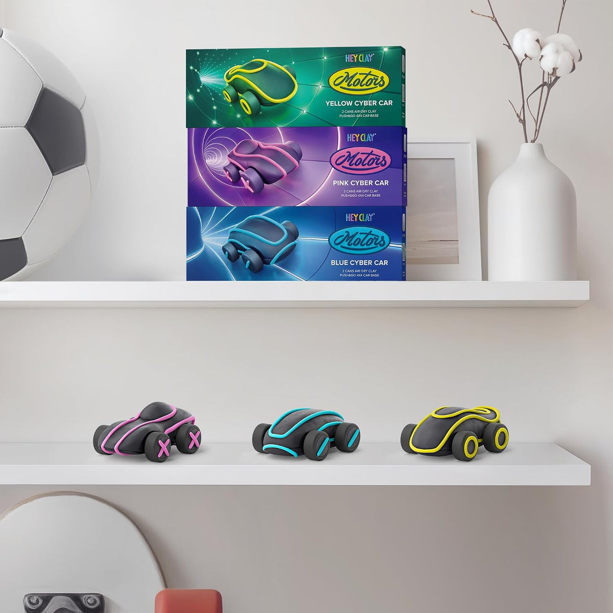 Hey Clay - Cyber Cars PINK CYBER CAR Colourful modelling air-dry clay, 2 cans with fun interactive app for kids 3 years +