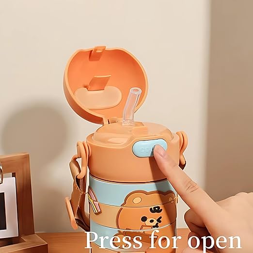 Stainless Steel Kids Puzzle Swirl Water Bottle with Straw & Strap Double Wall Vacuum Insulated Educational, Fun and Learning Water Bottle for Kids, Girls and Boys Leak Proof 430ml (Brown)
