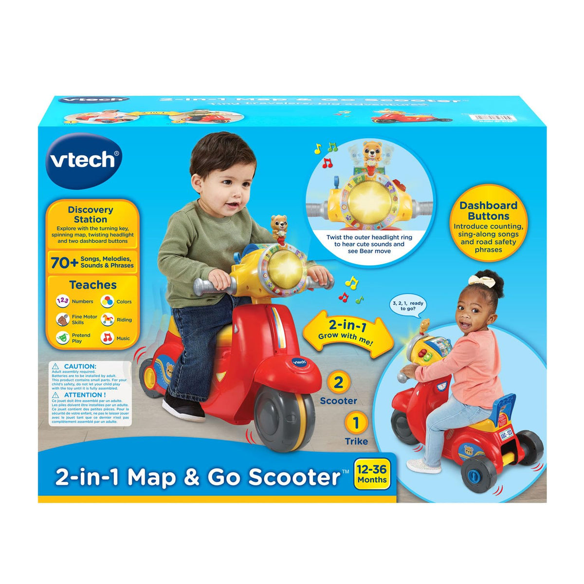 Vtech - 2-IN-1 Ride & Balance Scooter - Multicolour | Easily transforms from trike to balance bike. Interactive headlights and roller maps | Suitable ages 12m + up