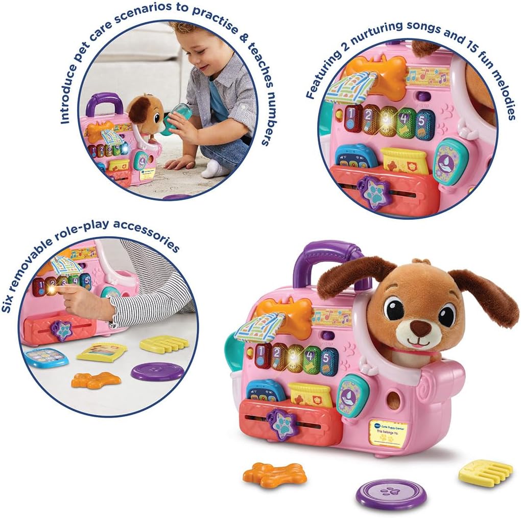 VTech Baby Cutie Puppy Carrier – Interactive Role-Play Toy with 6 Accessories, Light-Up Buttons, Music & Phrases | for Babies 9–24 Months+