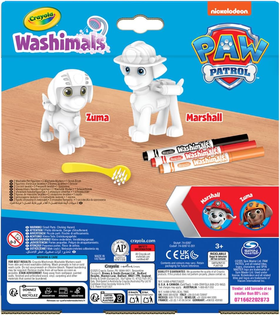 CRAYOLA - Washimals Paw Patrol Activity Set with 2 Puppies, 3 Washable Felt Tip Pens and Brush, Game and Gift for Children, from 3 Years