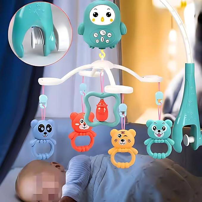Baby Crib Mobile with Music & Remote – 360° Rotating Hanging Rattle Toy Set for Newborns, Adjustable Stand, Soothing Melodies for 0-12 Months (Green)