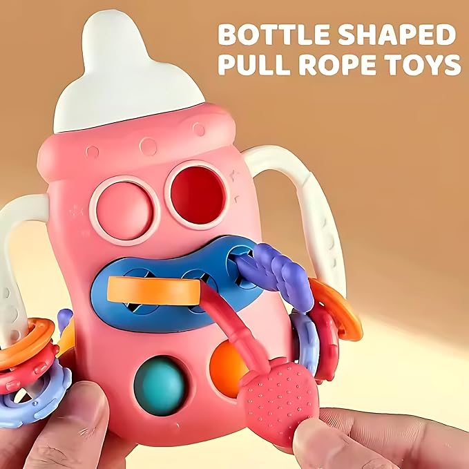 Bottle-Shaped Montessori Teether Toy for Toddlers – Sensory Learning Activity with Pull Strings, Beads, Gears & Teether Accessories Early Development Toy 3M+ (TOY-002-Pink)