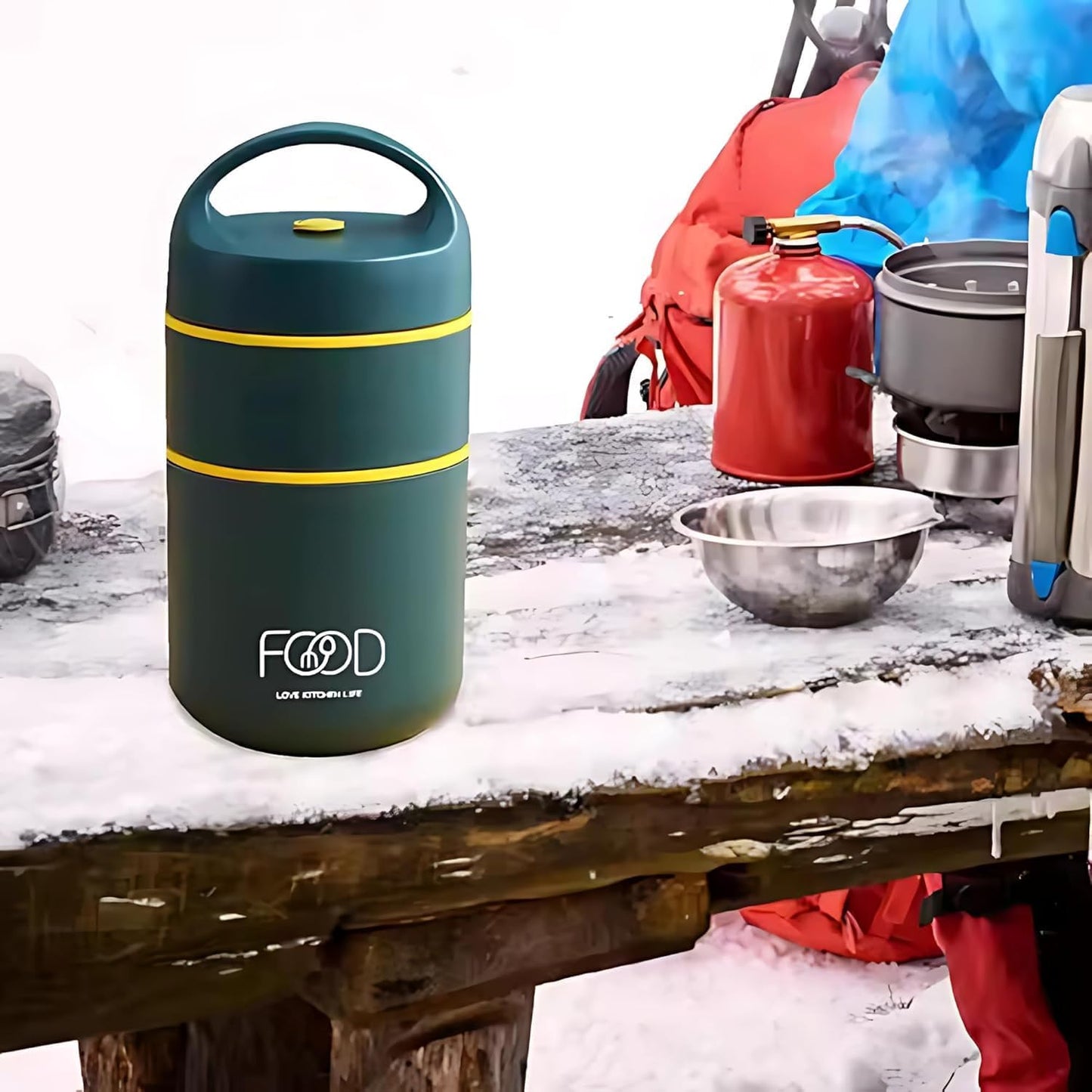 Double Soup Bowl Insulated Lunch Container Thermos Steel Food Jar with Spoon Stainless Steel 2 Compartment Leak Proof Airtight Lunch Container for Hot and Cold Food 710ml (Green)
