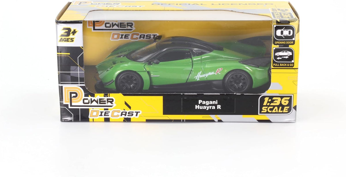 D-Power 1:36 Diecast Pagani Huayra R, Assorted Colors Blue / Green, 1 Piece– Model Car with Pull Back Action, Collectible Supercar Toy