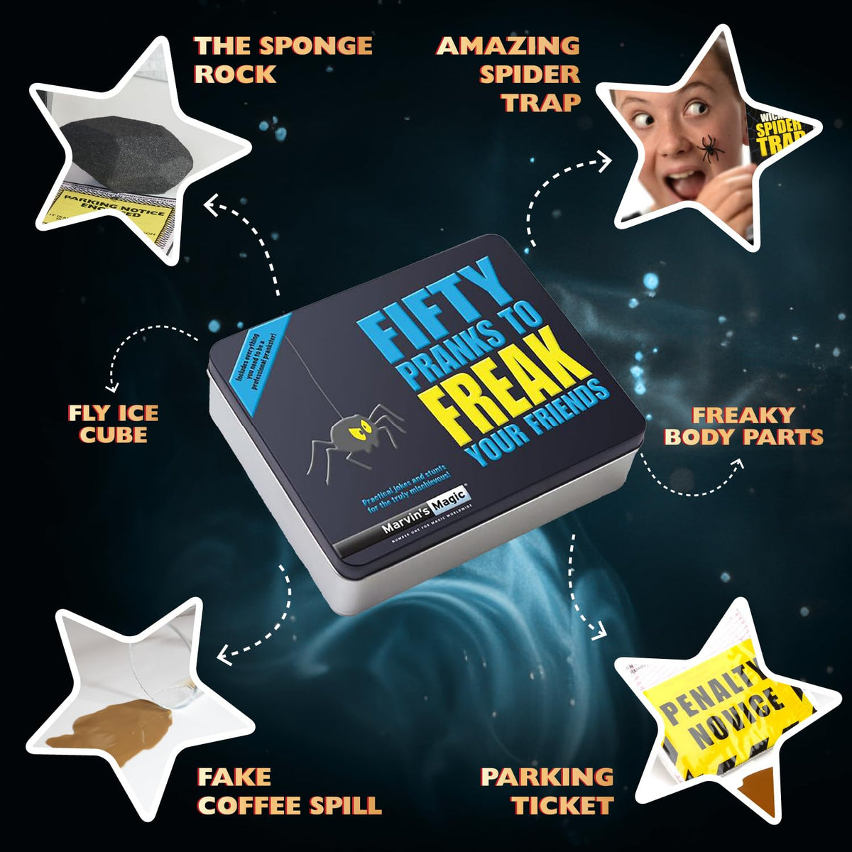 Marvin’s Magic Fifty Pranks to Freak Your Friends Gift Tin – Kids Prank & Joke Set with 50 Funny Practical Jokes and Props, Hilarious Fun for Ages 8+