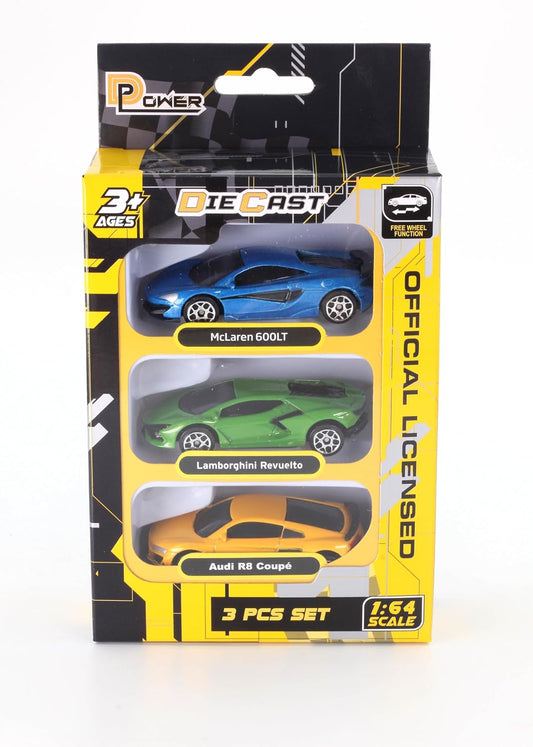 D-Power 1:64 Diecast Car Set (Pack of 3) McLaren 600LT Blue, Lamborghini Revuelto Green, Audi R8 2019 Yellow– Collectible Mini Cars, Metal Body, Free-Rolling Wheels