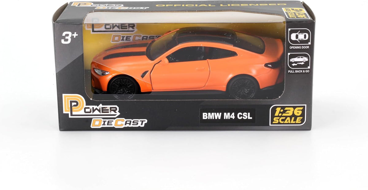 D-Power 1:36 Diecast BMW M4 CSL 2023 – Matte Orange, Pull Back, Collectible Sports Car Model
