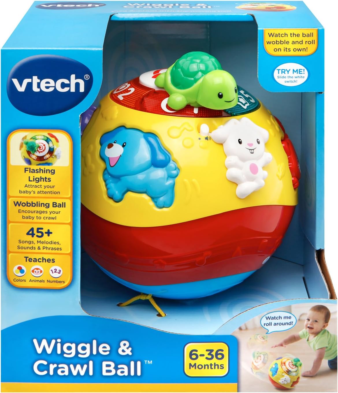 Vtech - Crawl & Learn Bright Magical Lights Ball - Multicolour | Moving ball! Press the chunky buttons to meet the animals, learn numbers, and hear 4 songs and 12 melodies | Suitable ages 6 m + up