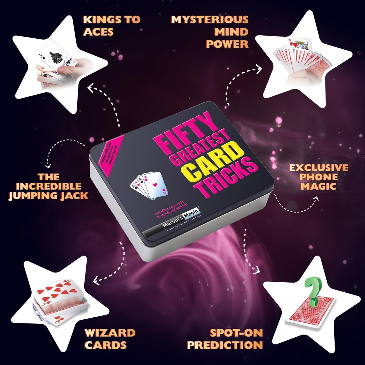 Marvin’s Magic Fifty Greatest Card Tricks Gift Tin – Magic Playing Cards Set with 50 Tricks, Special Props & Instruction Booklet for Kids 8+ & Adults