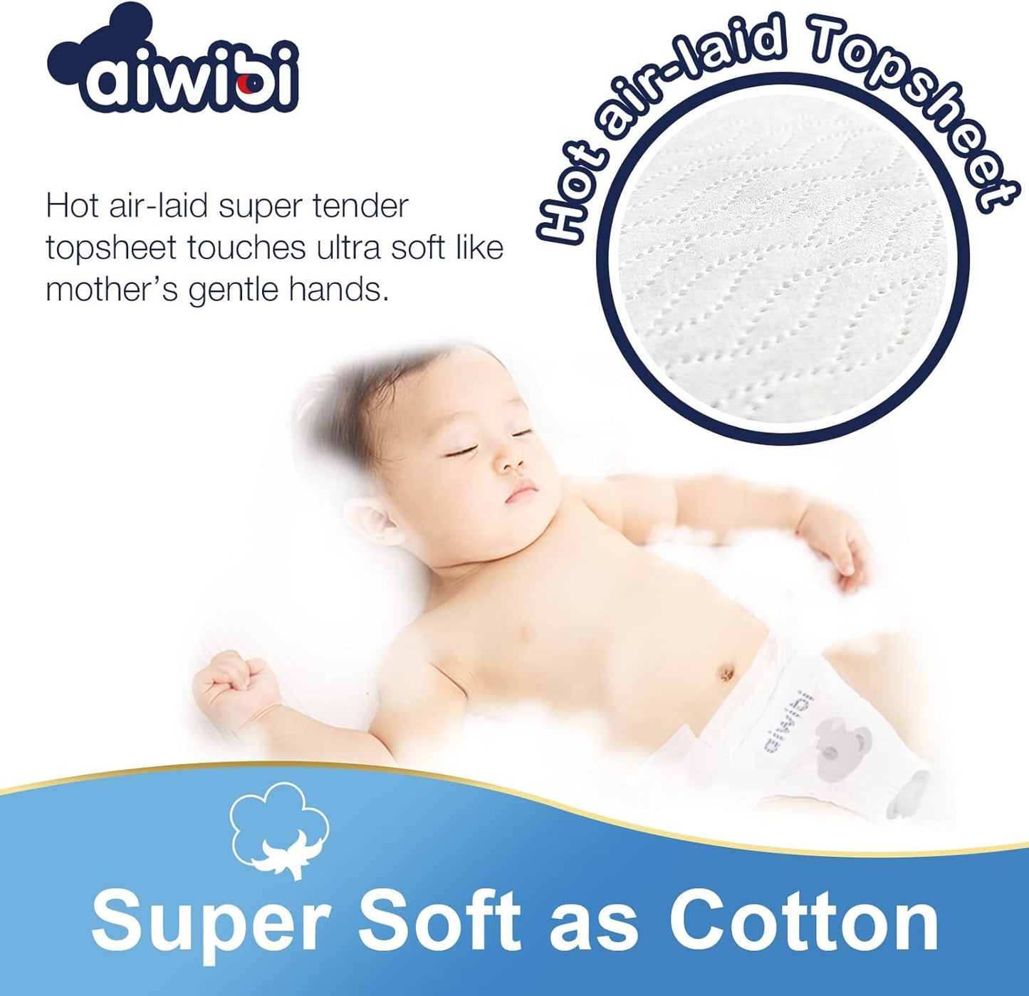 Aiwibi Ultra-thin premium baby Diapers, cotton-like, anti-irritation, Size M (5-9kg) 62 counts.