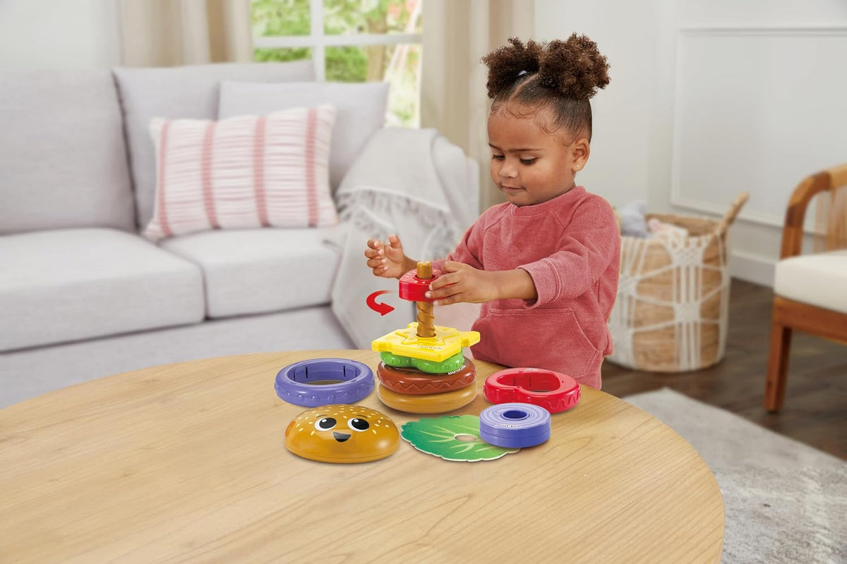 VTech Baby Build-a-Burger – Stacking & Sorting Toy with 6 Food Pieces, Shape Matching, Spinning & Color Play | for Babies 18–24 Months+