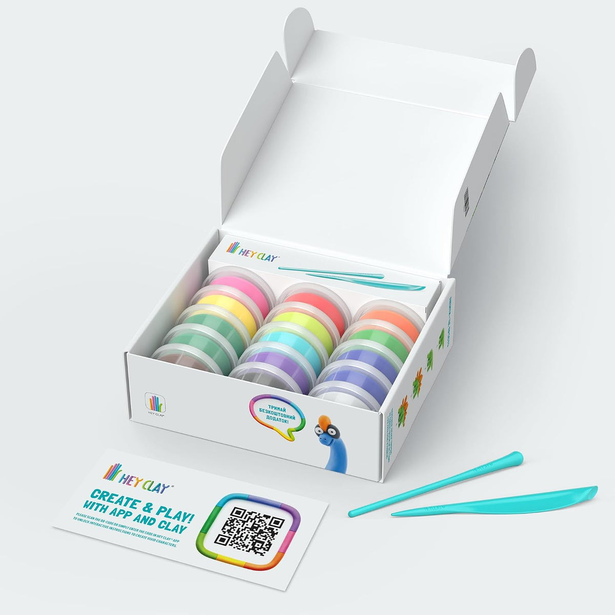 HEY CLAY - Dinos Set-Colourful Modeling Kids-Air Dry Clay Kit 15 cans and Sculpting Tools with Fun Interactive Instructions App, Multicoloured