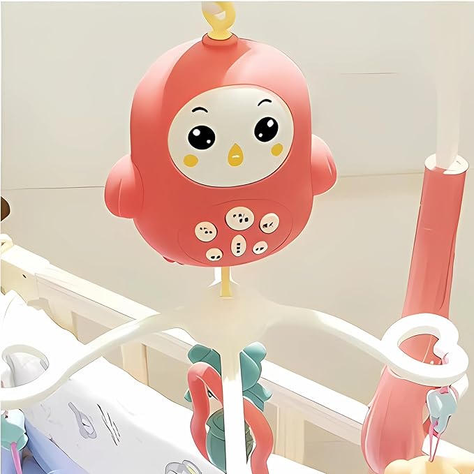 Baby Crib Mobile with Music & Remote – 360° Rotating Hanging Rattle Toy Set for Newborns, Adjustable Stand, Soothing Melodies for 0-12 Months (Red)
