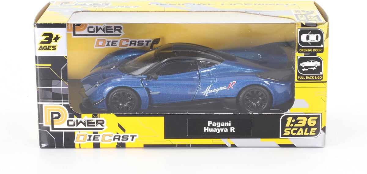 D-Power 1:36 Diecast Pagani Huayra R, Assorted Colors Blue / Green, 1 Piece– Model Car with Pull Back Action, Collectible Supercar Toy