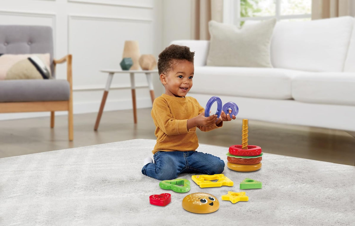 VTech Baby Build-a-Burger – Stacking & Sorting Toy with 6 Food Pieces, Shape Matching, Spinning & Color Play | for Babies 18–24 Months+