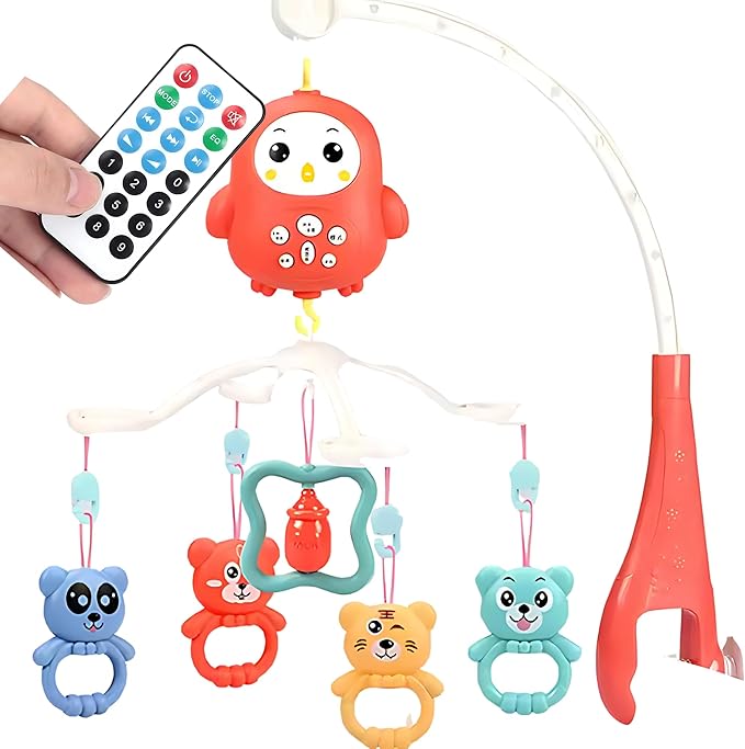 Baby Crib Mobile with Music & Remote – 360° Rotating Hanging Rattle Toy Set for Newborns, Adjustable Stand, Soothing Melodies for 0-12 Months (Red)