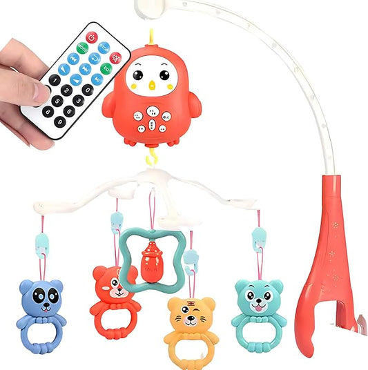 Baby Crib Mobile with Music & Remote – 360° Rotating Hanging Rattle Toy Set for Newborns, Adjustable Stand, Soothing Melodies for 0-12 Months (Red)