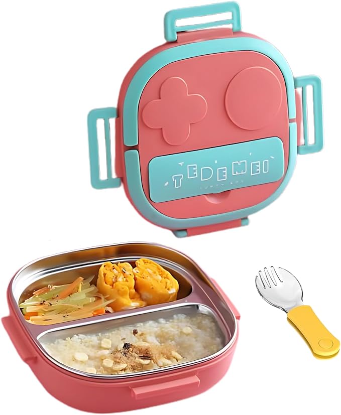 Large Capacity Lunch Box with Stainless Steel Material, 2 Compartment Food Container for Home Outdoor With Spoon, Bento Box Lunch Box Portable Lunch Tray (Pink)