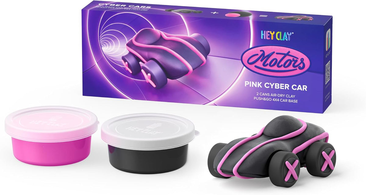 Hey Clay - Cyber Cars PINK CYBER CAR Colourful modelling air-dry clay, 2 cans with fun interactive app for kids 3 years +