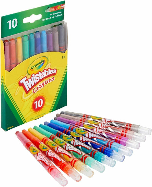 Crayola Mini Twistable 10 assorted colors | Just twist & colors, no sharpening or peeling required | The durable plastic barrels are clear and let kids see the colors inside while protecting it against breakage | Great for kids ages 3 and up.