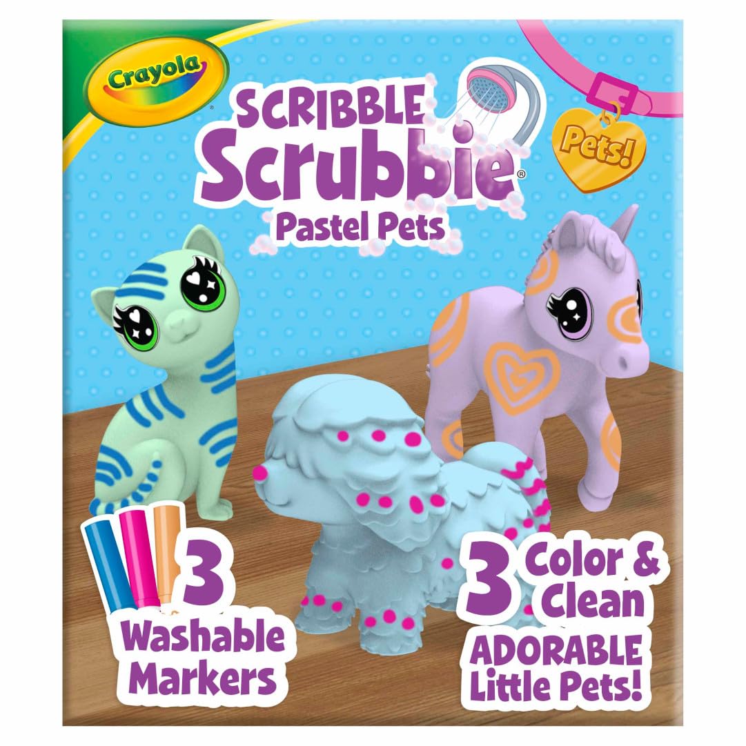 Crayola Scribble Scrubbie Pastel Pets, 3 Count – Washable Pet Toy Set with Markers & Brush, Creative Gift for Kids Ages 3+