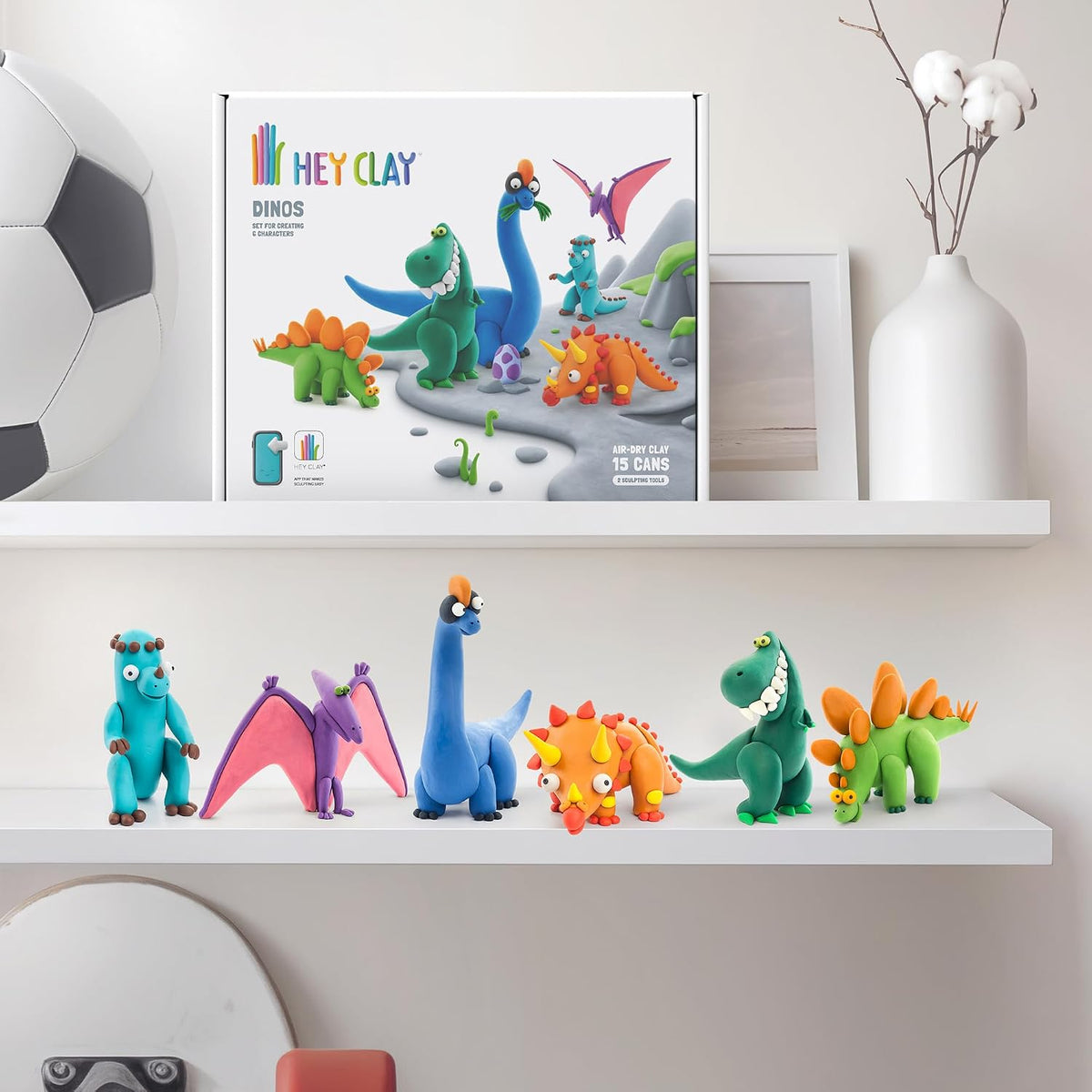 HEY CLAY - Dinos Set-Colourful Modeling Kids-Air Dry Clay Kit 15 cans and Sculpting Tools with Fun Interactive Instructions App, Multicoloured