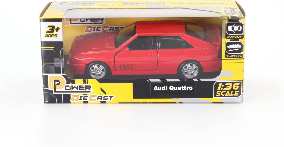 D-Power 1:36 Diecast Audi Quattro Coupe (1980–1991), Assorted Colors Red / Grey, 1 Piece– Classic Model Car with Pull Back Action, Collectible Vintage Toy