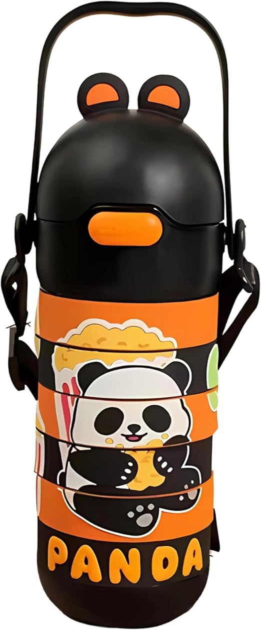 Stainless Steel Kids Puzzle Swirl Water Bottle with Straw & Strap Double Wall Vacuum Insulated Educational, Fun and Learning Water Bottle for Kids, Girls and Boys Leak Proof 430ml (Black)