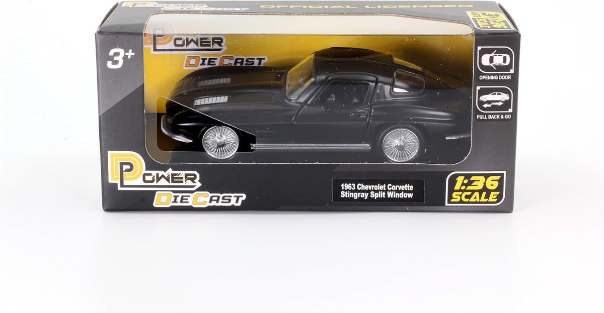 D-Power 1:36 Diecast Chevrolet Corvette Stingray Split Window 1963 Matte Black – Collectible Miniature Car Model