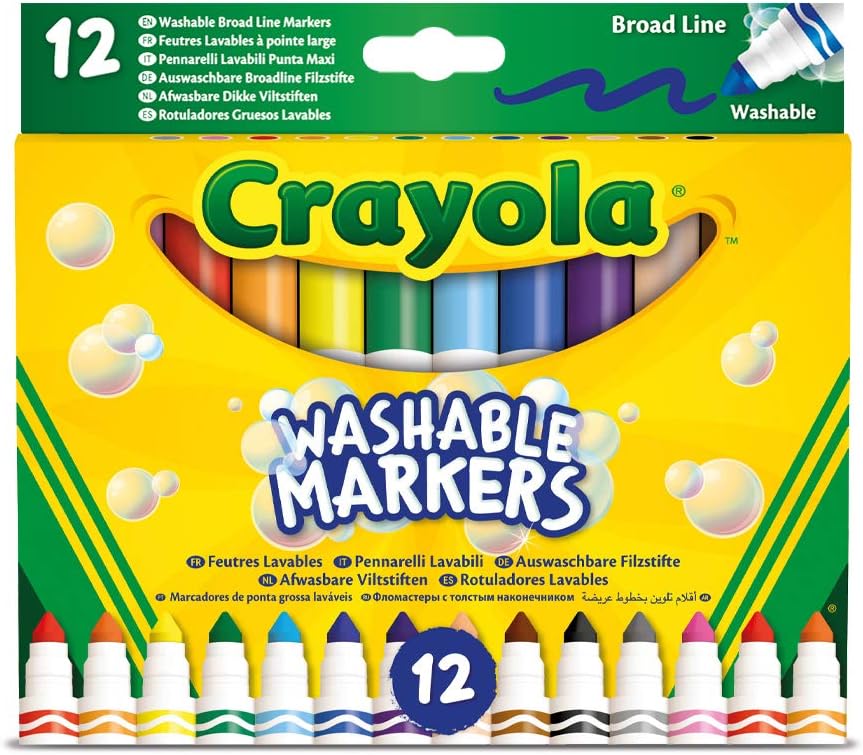 Crayola Washable Broad Line Markers – 12 Vibrant Colours | Durable Fibre-Tip Pens for Kids Drawing, Colouring & School Art Projects | Easy Washable Ink