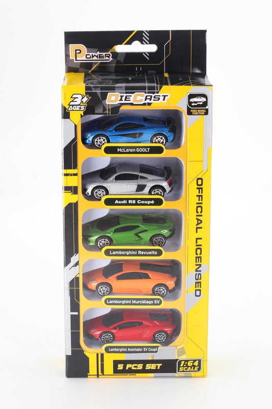 D-Power 1:64 Diecast Car Set – 5pc Licensed Collectible Models (McLaren 600LT, Audi R8 2019, Lamborghini Revuelto 2024 & More) | Metal Body, Free-Rolling Wheels
